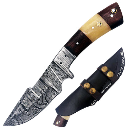 BC 829-DB 9" White & Brown Bone Collector Damascus Blade Hunting Knife with Leather Sheath