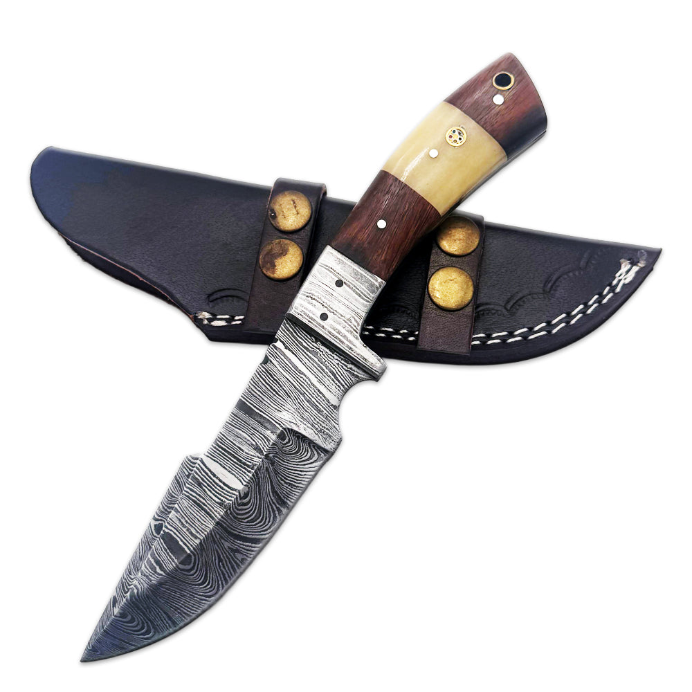 BC 829-DB 9" White & Brown Bone Collector Damascus Blade Hunting Knife with Leather Sheath