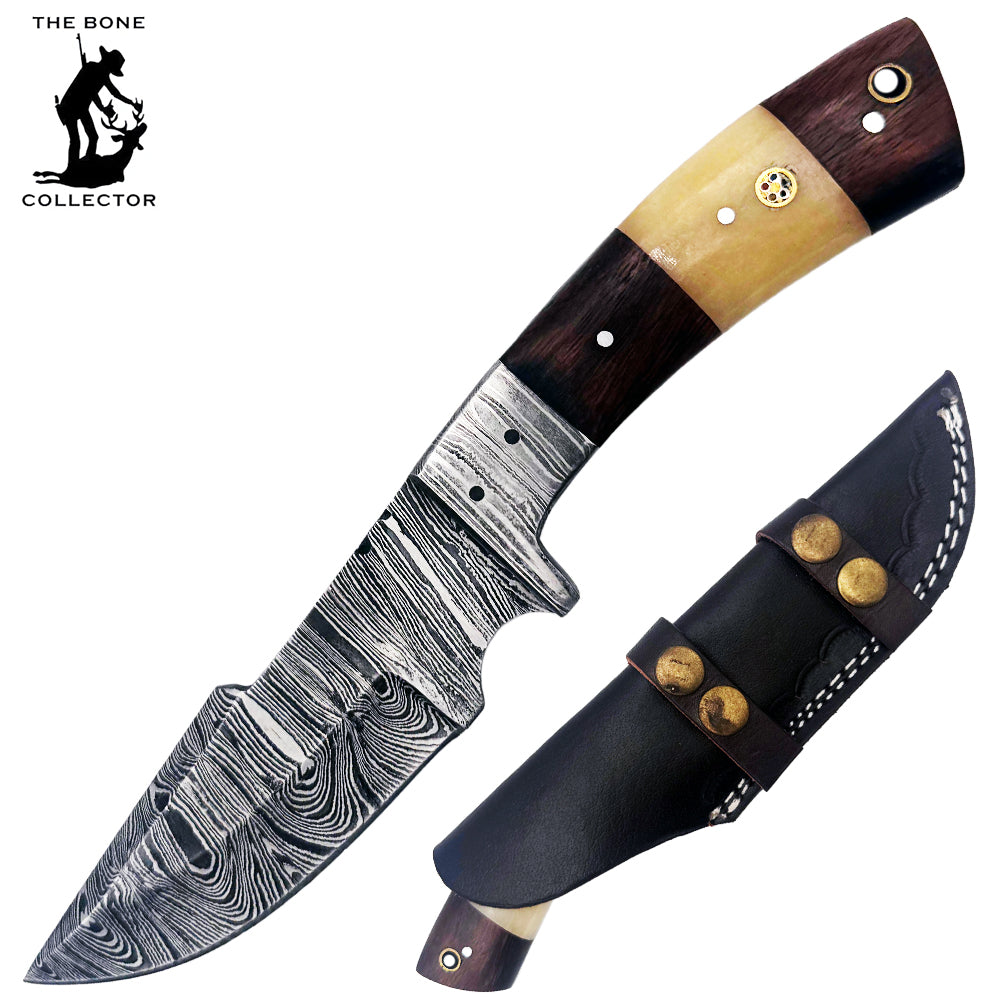 BC 829-DB 9" White & Brown Bone Collector Damascus Blade Hunting Knife with Leather Sheath