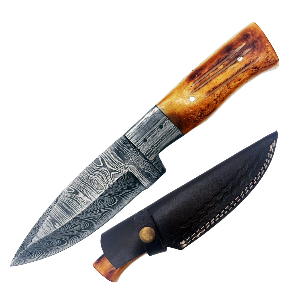 BC 830-DB 8" Yellow Bone Collector Damascus Blade Skinning Hunting Knife with Leather Sheath