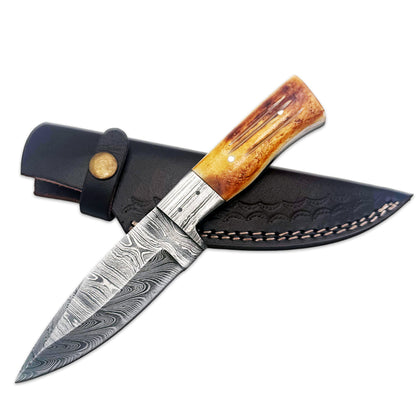 BC 830-DB 8" Yellow Bone Collector Damascus Blade Skinning Hunting Knife with Leather Sheath