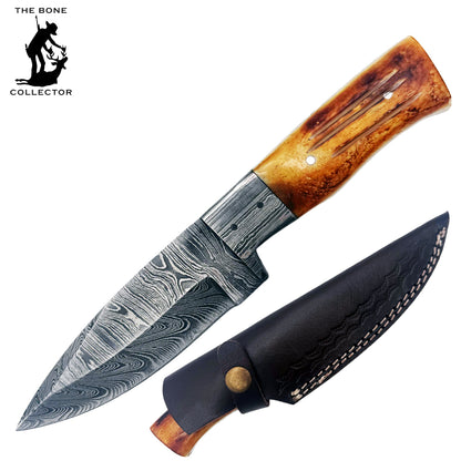 BC 830-DB 8" Yellow Bone Collector Damascus Blade Skinning Hunting Knife with Leather Sheath