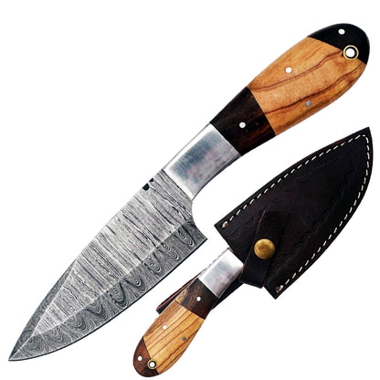 BC 831-DB 9" Mixed Wood Bone Collector Damascus Blade Hunting Knife with Leather Sheath