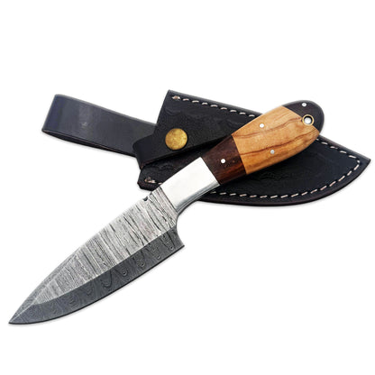BC 831-DB 9" Mixed Wood Bone Collector Damascus Blade Hunting Knife with Leather Sheath