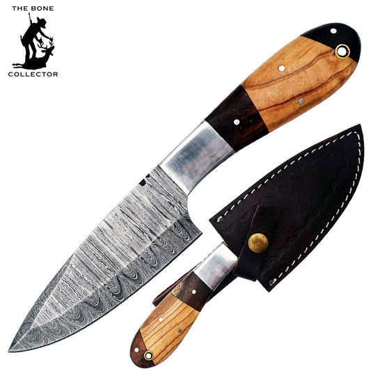BC 831-DB 9" Mixed Wood Bone Collector Damascus Blade Hunting Knife with Leather Sheath