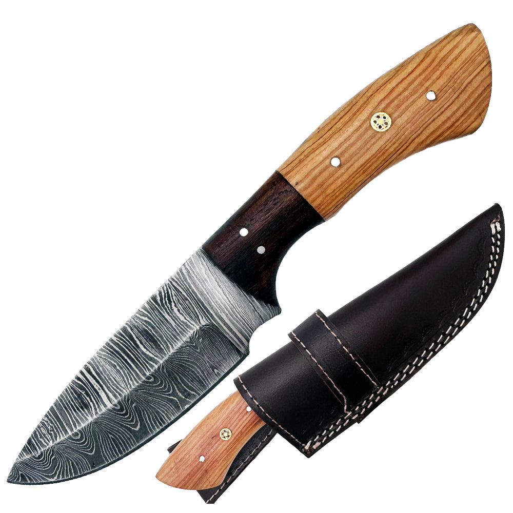 BC 832-DB 9" Mixed Wood Bone Collector Damascus Blade Hunting Knife with Leather Sheath