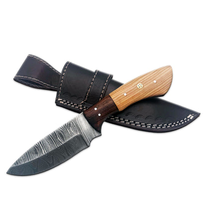 BC 832-DB 9" Mixed Wood Bone Collector Damascus Blade Hunting Knife with Leather Sheath