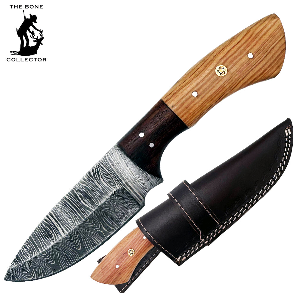 BC 832-DB 9" Mixed Wood Bone Collector Damascus Blade Hunting Knife with Leather Sheath