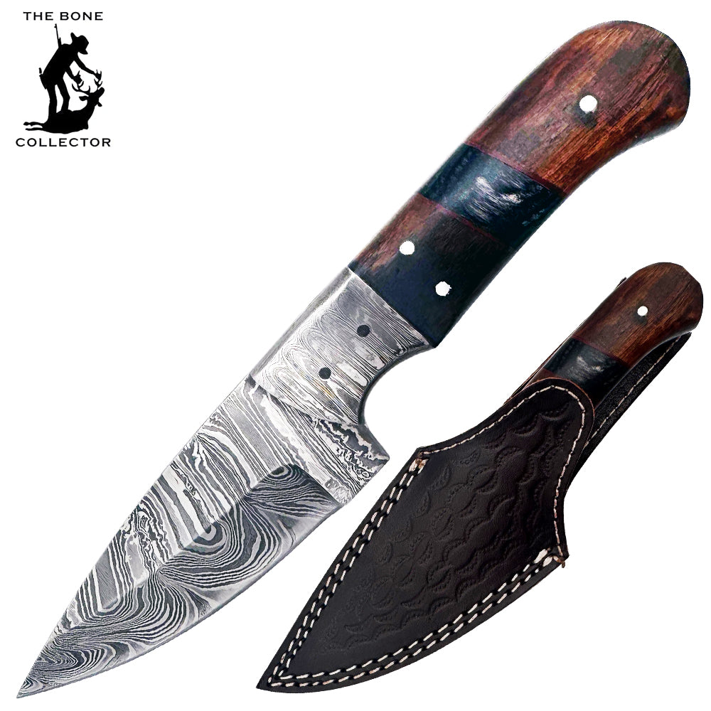 BC 833-DB 8" Wood Bone Collector Damascus Blade Hunting Knife with Leather Sheath