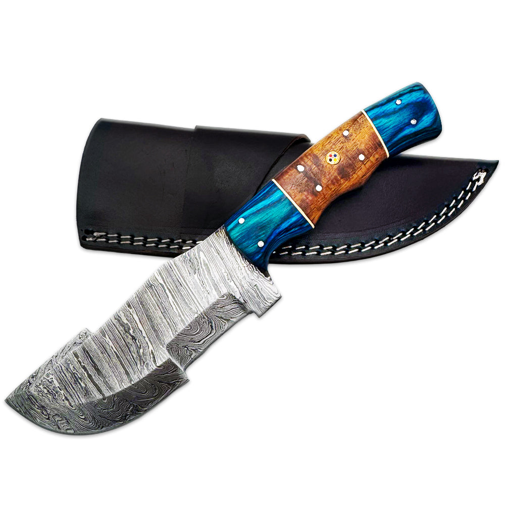 BC 834-DB 10" Blue Bone Collector Damascus Blade Hunting Knife with Leather Sheath