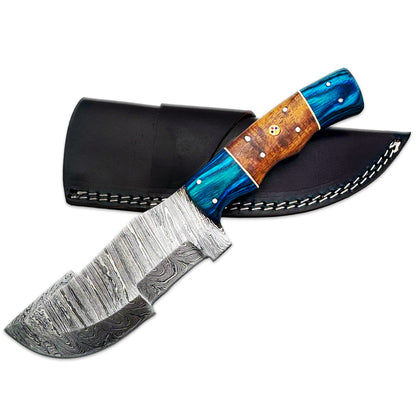 BC 834-DB 10" Blue Bone Collector Damascus Blade Hunting Knife with Leather Sheath