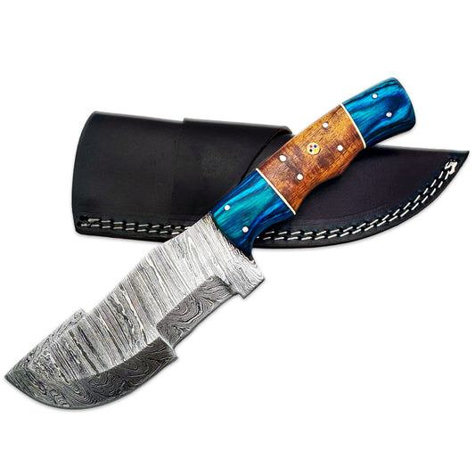 BC 834-DB 10" Blue Bone Collector Damascus Blade Hunting Knife with Leather Sheath