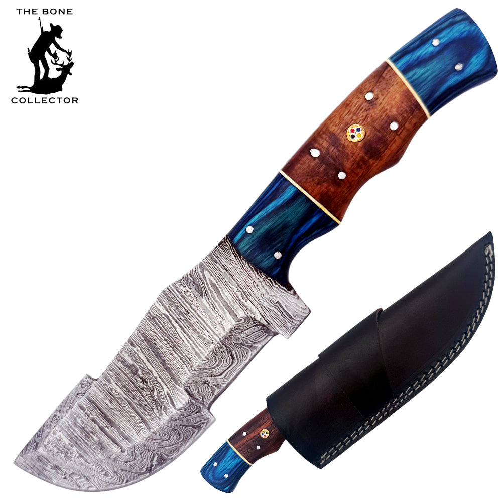 BC 834-DB 10" Blue Bone Collector Damascus Blade Hunting Knife with Leather Sheath