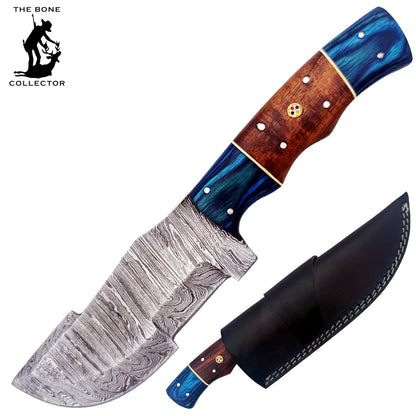 BC 834-DB 10" Blue Bone Collector Damascus Blade Hunting Knife with Leather Sheath