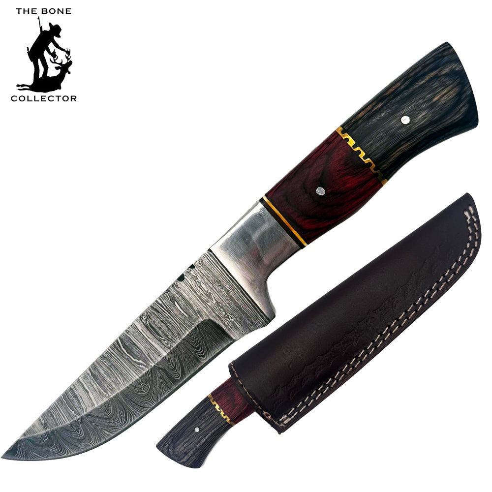 BC-835-DB 9" Black & Red Bone Collector Damascus Blade Hunting Knife with Leather Sheath