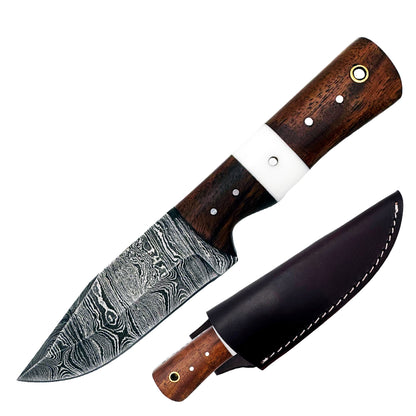 BC 836-DB 8" Wood Bone Collector Damascus Blade Hunting Knife with Leather Sheath