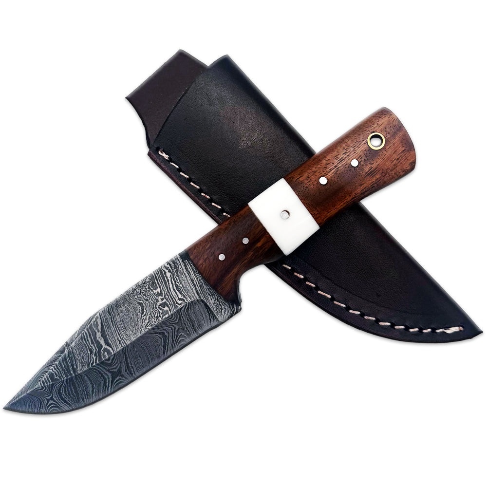 BC 836-DB 8" Wood Bone Collector Damascus Blade Hunting Knife with Leather Sheath