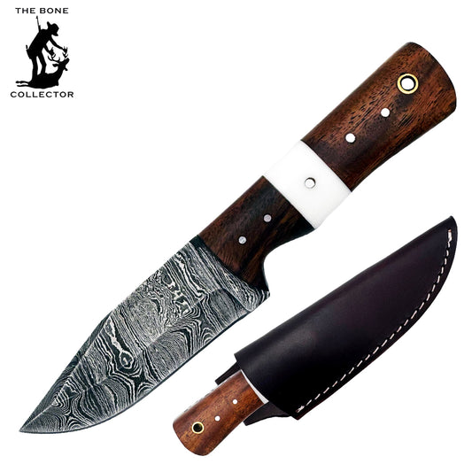 BC 836-DB 8" Wood Bone Collector Damascus Blade Hunting Knife with Leather Sheath