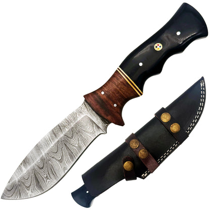 BC 837-DB 10" Wood Bone Collector Damascus Blade Hunting Knife with Leather Sheath