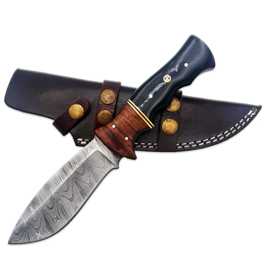 BC 837-DB 10" Wood Bone Collector Damascus Blade Hunting Knife with Leather Sheath