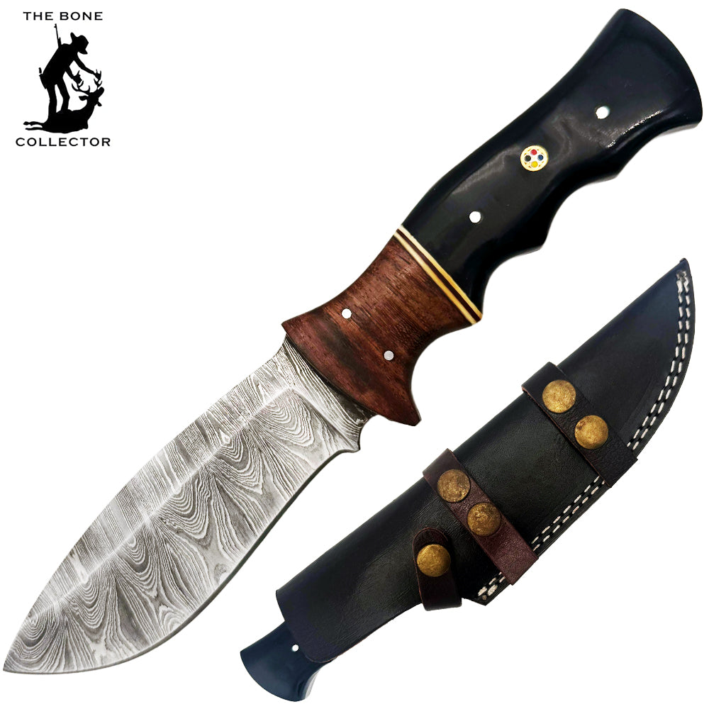 BC 837-DB 10" Wood Bone Collector Damascus Blade Hunting Knife with Leather Sheath
