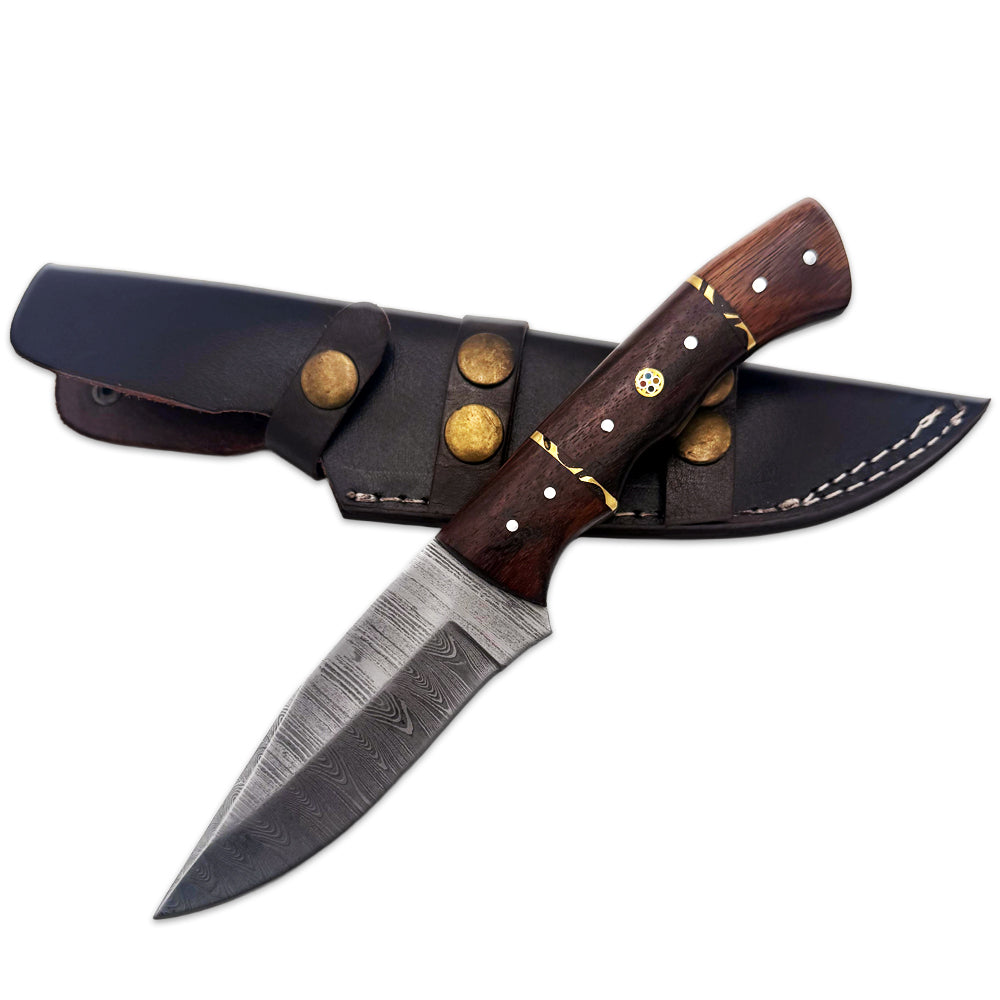 BC 838-DB 9" Wood Bone Collector Damascus Blade Hunting Knife with Leather Sheath