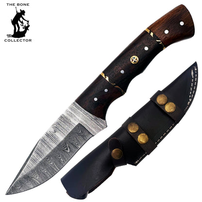 BC 838-DB 9" Wood Bone Collector Damascus Blade Hunting Knife with Leather Sheath