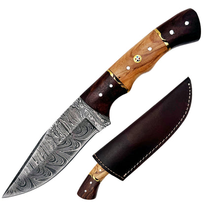 BC 840-DB 9" Mixed Wood Bone Collector Damascus Blade Hunting Knife with Leather Sheath