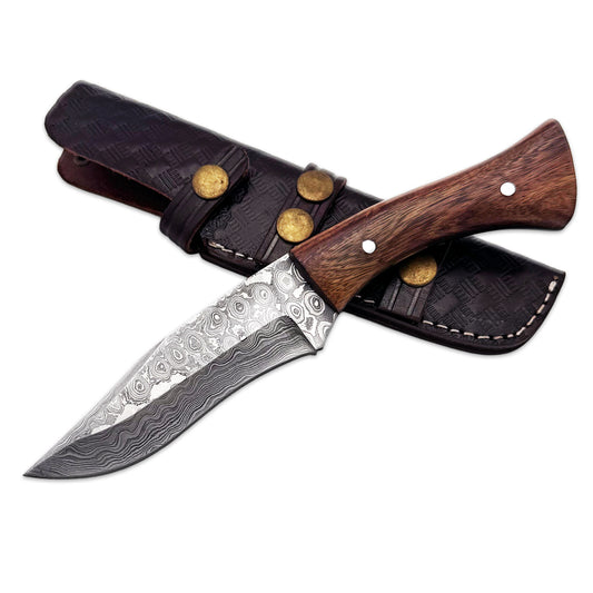 BC 839-DB 9" Wood Bone Collector Damascus Blade Hunting Knife with Leather Sheath