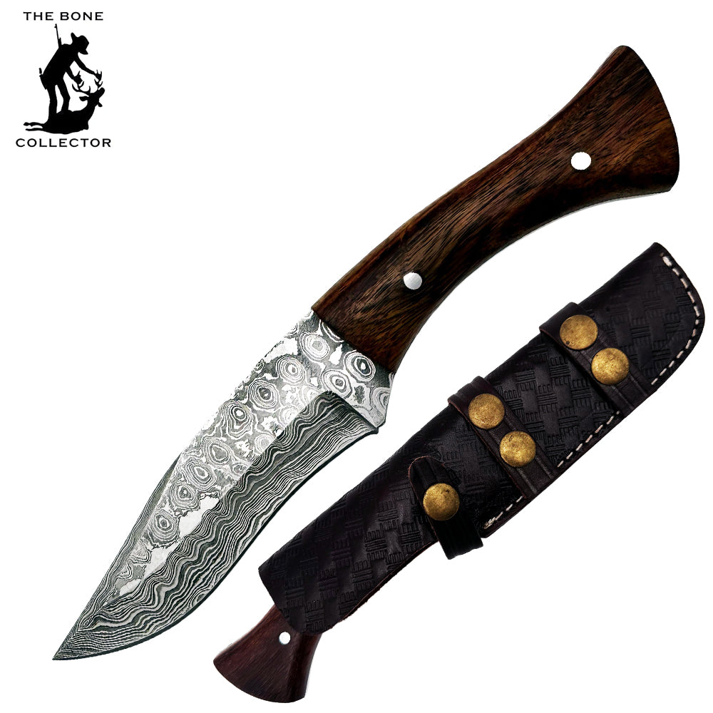 BC 839-DB 9" Wood Bone Collector Damascus Blade Hunting Knife with Leather Sheath