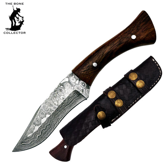 BC 839-DB 9" Wood Bone Collector Damascus Blade Hunting Knife with Leather Sheath
