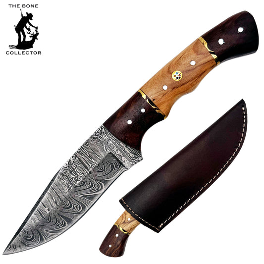 BC 840-DB 9" Mixed Wood Bone Collector Damascus Blade Hunting Knife with Leather Sheath
