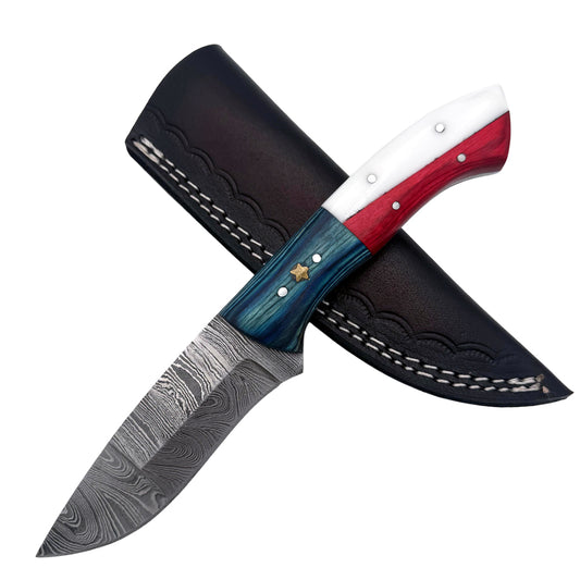 BC 841-DB 9" Texas Flag Wood Bone Collector Damascus Blade Hunting Knife with Leather Sheath