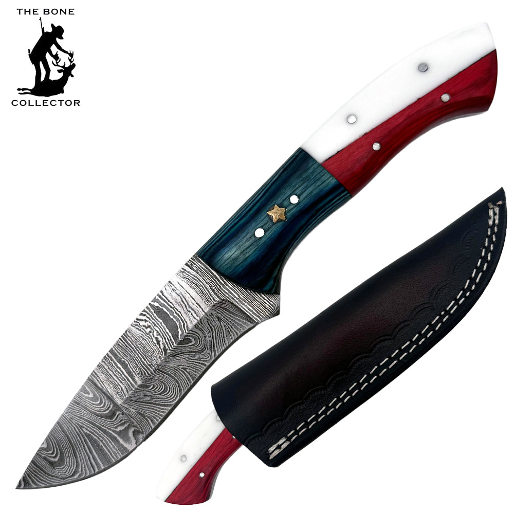 BC 841-DB 9" Texas Flag Wood Bone Collector Damascus Blade Hunting Knife with Leather Sheath