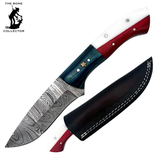 BC 841-DB 9" Texas Flag Wood Bone Collector Damascus Blade Hunting Knife with Leather Sheath