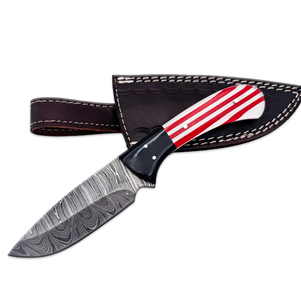 BC 842-DB 9" USA Flag Wood Bone Collector Damascus Blade Hunting Knife with Leather Sheath
