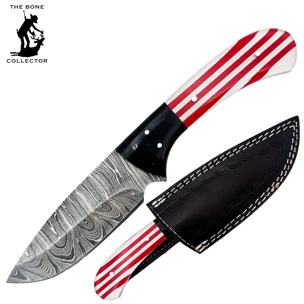 BC 842-DB 9" USA Flag Wood Bone Collector Damascus Blade Hunting Knife with Leather Sheath