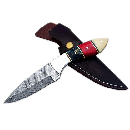 BC 844-DB 9" Red, White, Blue Wood Bone Collector Damascus Blade Hunting Knife with Leather Sheath