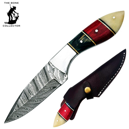 BC 844-DB 9" Red, White, Blue Wood Bone Collector Damascus Blade Hunting Knife with Leather Sheath