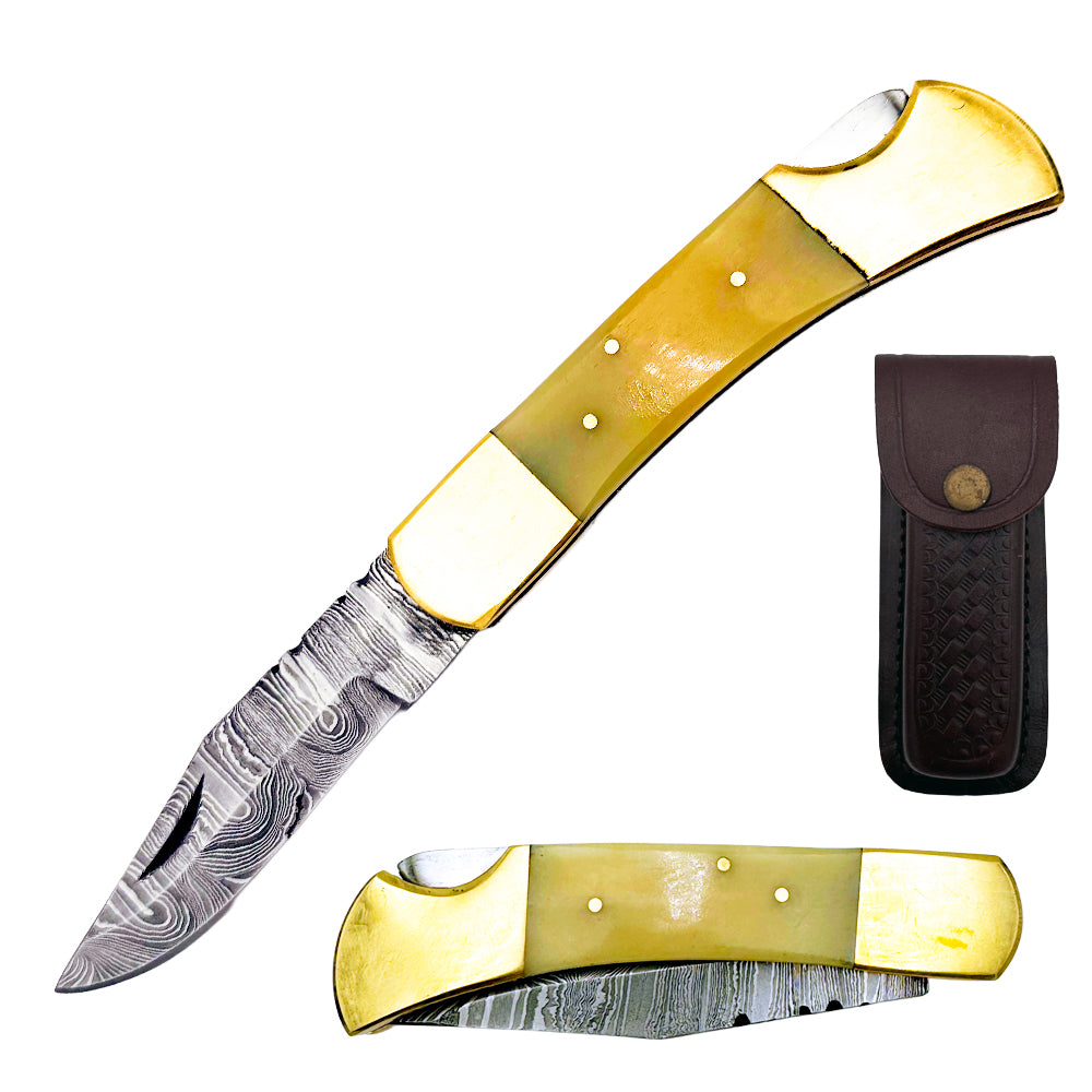 BC 845DB-BN 5" Bone Collector Damascus Blade Folding Knife with Leather Sheath