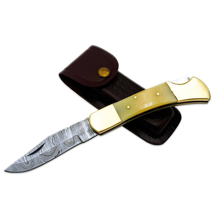 BC 845DB-BN 5" Bone Collector Damascus Blade Folding Knife with Leather Sheath