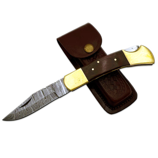 BC 845DB-WD 5" Wood Bone Collector Damascus Blade Folding Knife with Leather Sheath
