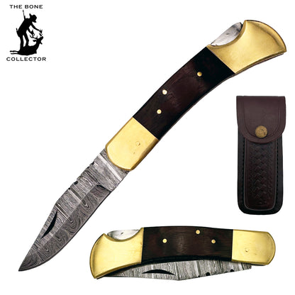 BC 845DB-WD 5" Wood Bone Collector Damascus Blade Folding Knife with Leather Sheath