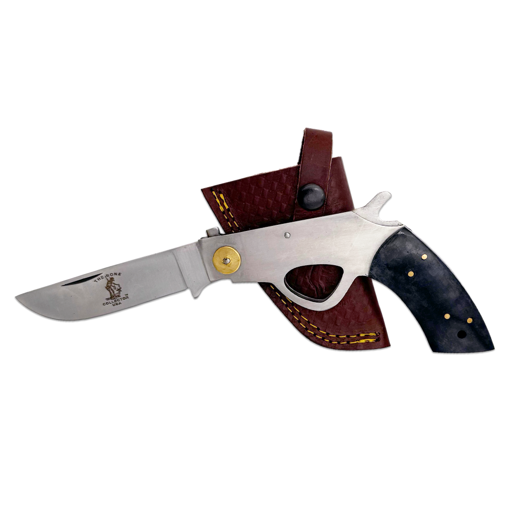 BC 868-BKBN 6" Bone Collector Black Gun-Handle Folding Knife with Leather Sheath
