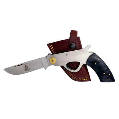 BC 868-BKBN 6" Bone Collector Black Gun-Handle Folding Knife with Leather Sheath