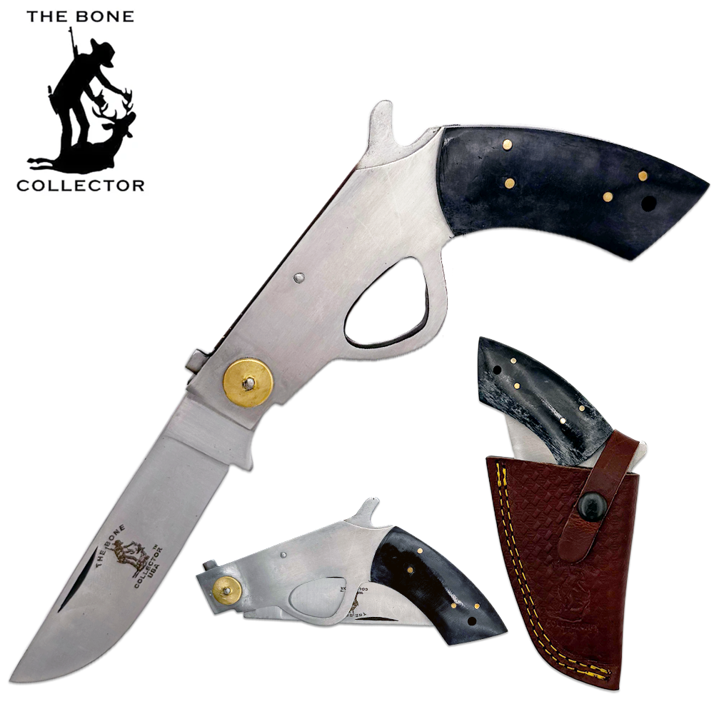 BC 868-BKBN 6" Bone Collector Black Gun-Handle Folding Knife with Leather Sheath