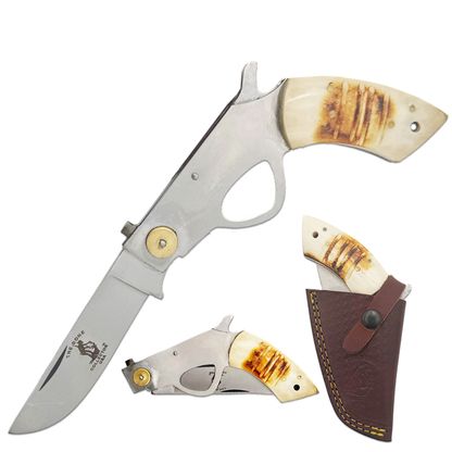 BC 868-BN 6" Bone Collector Gun-Handle Folding Knife with Leather Sheath