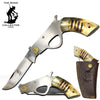 BC 868-BN 6" Bone Collector Gun-Handle Folding Knife with Leather Sheath