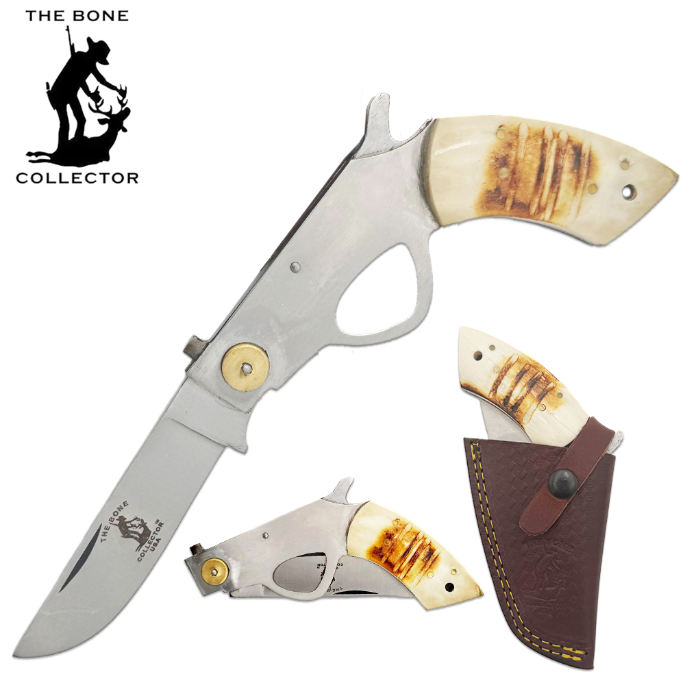 BC 868-BN 6" Bone Collector Gun-Handle Folding Knife with Leather Sheath