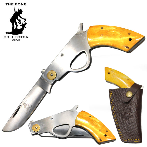 BC 868-YBN 6" Bone Collector Yellow Gun-Handle Folding Knife with Leather Sheath